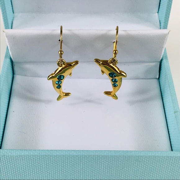 Gold Toned Dolphin Blue Stone Dangle Earrings - Picture 3 of 10